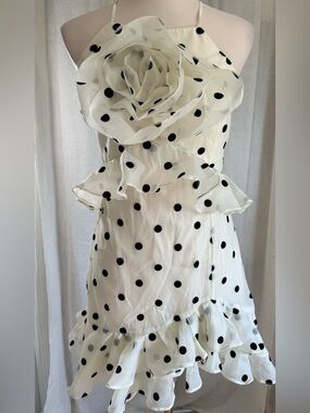 Lucy Paris Polka Dot Rosette Mini Dress Ivory Black Velvet Size M
